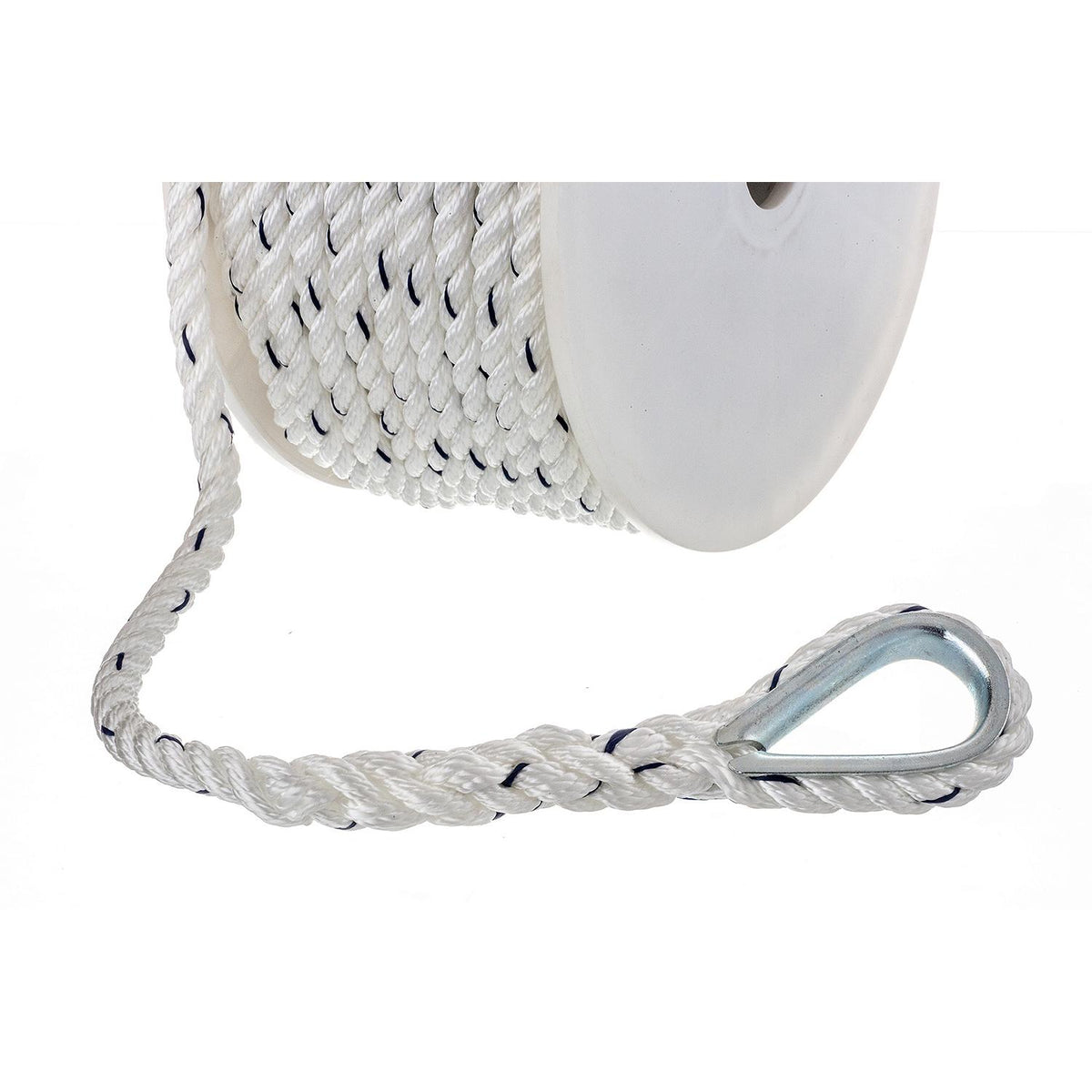 Premium 3-Strand Twisted Nylon Anchor Line
White With Blue Tracer, 3/8" x 100'
