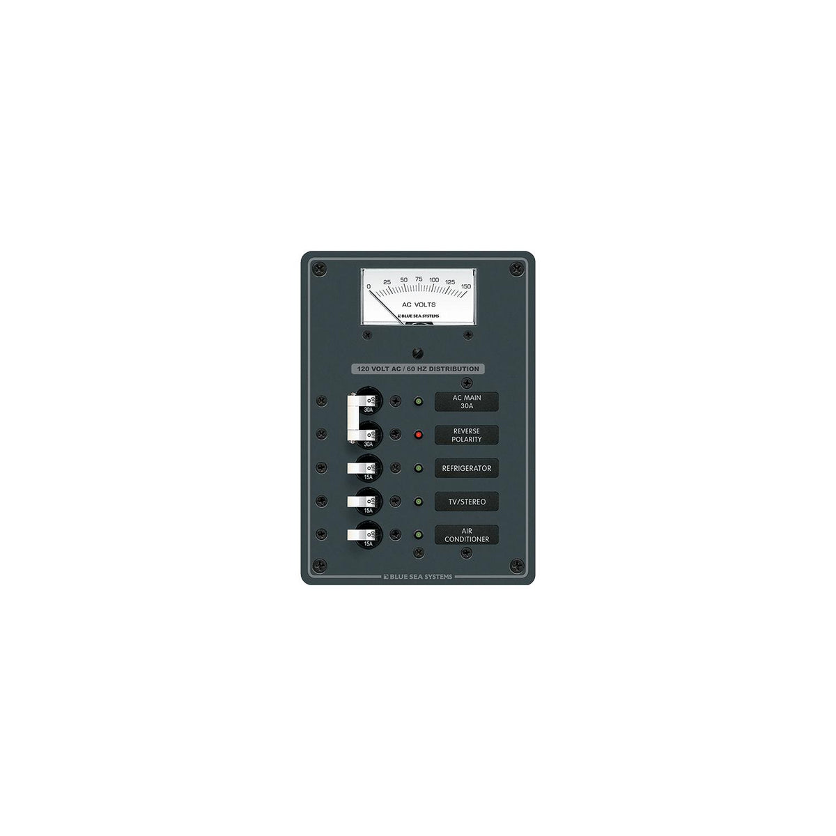 Blue Sea Systems 8043 Traditional Metal Circuit Breaker Panel - AC Main + 3 Positions, AC Voltmeter