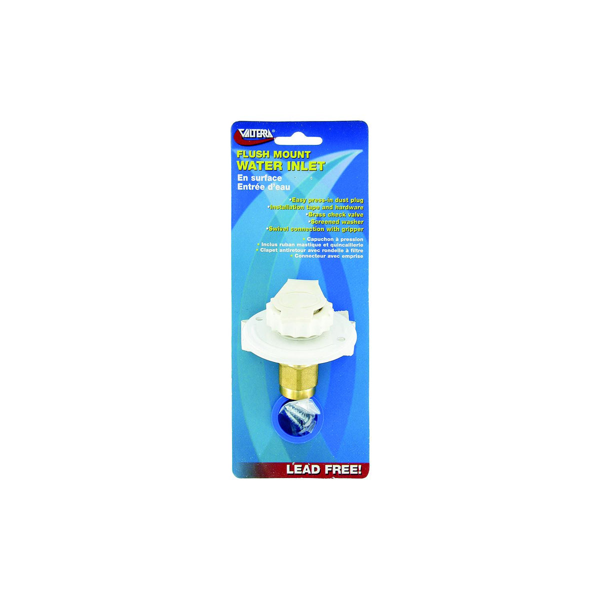 Valterra White Flush Mount FPT Brass Check Valve RV Water Inlet | Includes Screws, Putty Tape & Teflon Tape